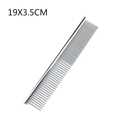 Metal pet grooming comb measuring 19 by 3.5 centimeters