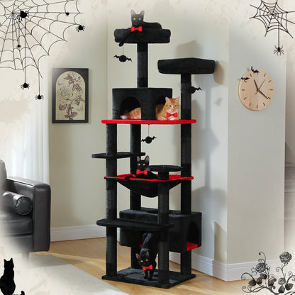 Tall black and red cat tree with multiple levels and three cats wearing red bow ties
