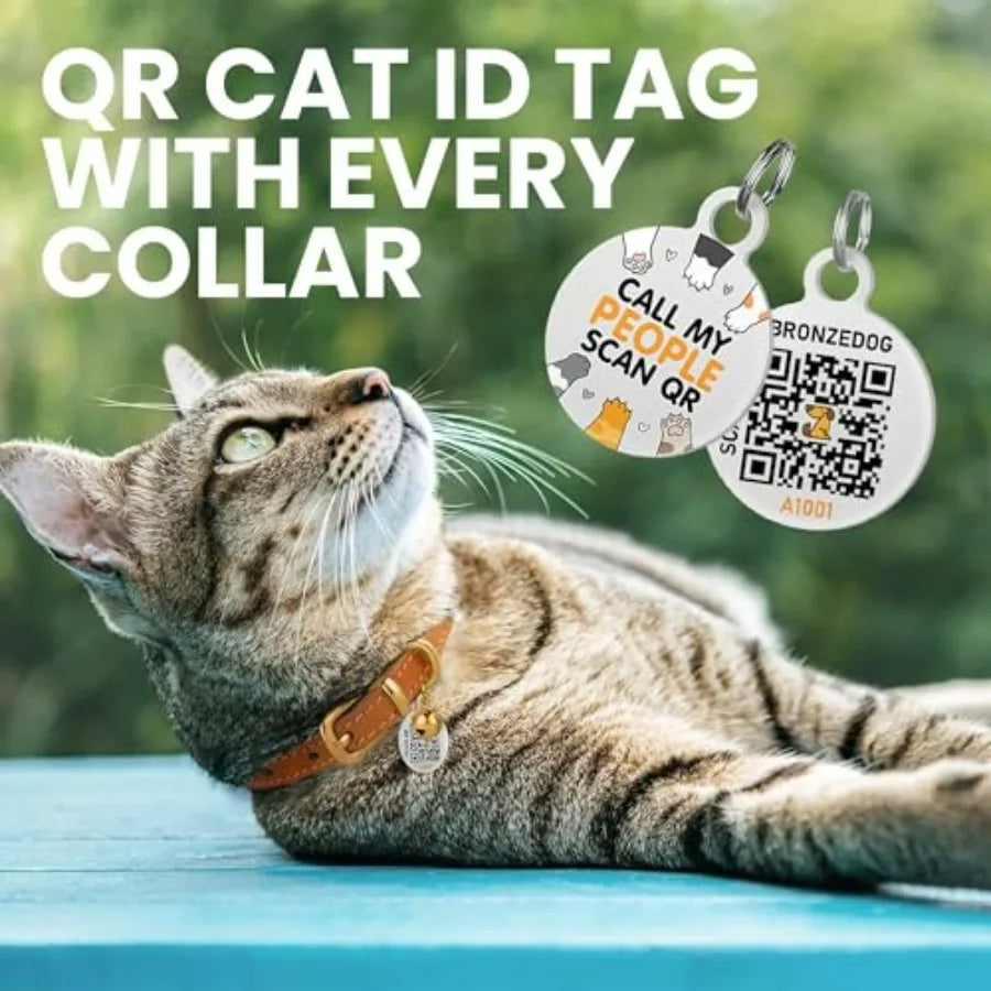 Black & Gold Leather Cat Collar with Removable Bell & QR Tag