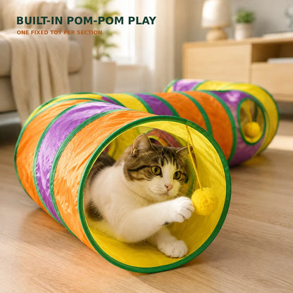 Zoe Extra-Long Cat Play Tunnel Maze – Foldable Double E-Shaped Design with Peek Holes, Pom-Poms & Interactive Toys