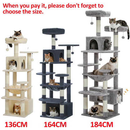 Three cat trees in different heights of 136cm 164cm and 184cm with cats resting on various levels