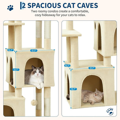 Two beige cat caves on a cat tree with dimensions labeled 15.7 inches by 17.7 inches by 13.7 inches