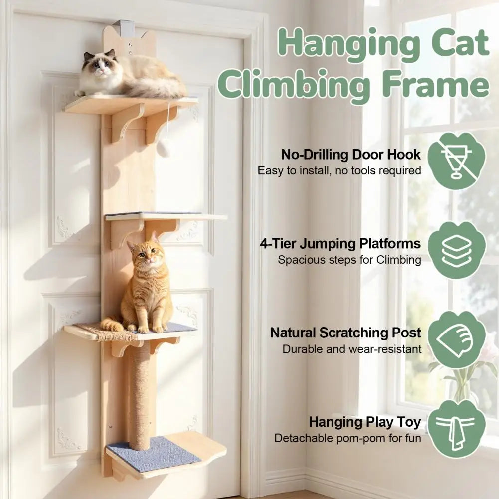 4-Tier Door-Hanging Cat Tree & Climbing Tower with Scratching Posts, Pads & Hanging Toy Ball