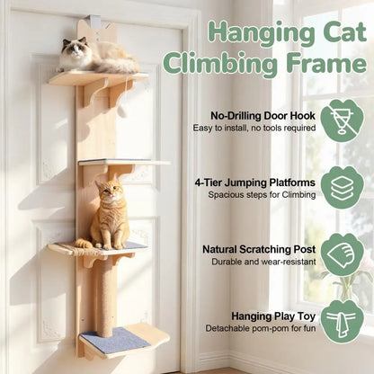 4-Tier Door-Hanging Cat Tree & Climbing Tower with Scratching Posts, Pads & Hanging Toy Ball