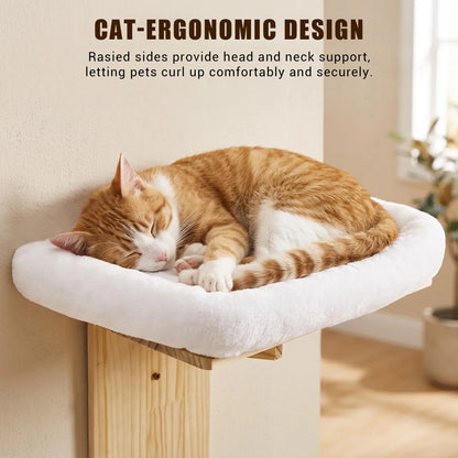 Solid Wood Wall-Mounted Cat Bed with Washable Cushion – Sturdy Corner Cat Shelf for Indoor Cats
