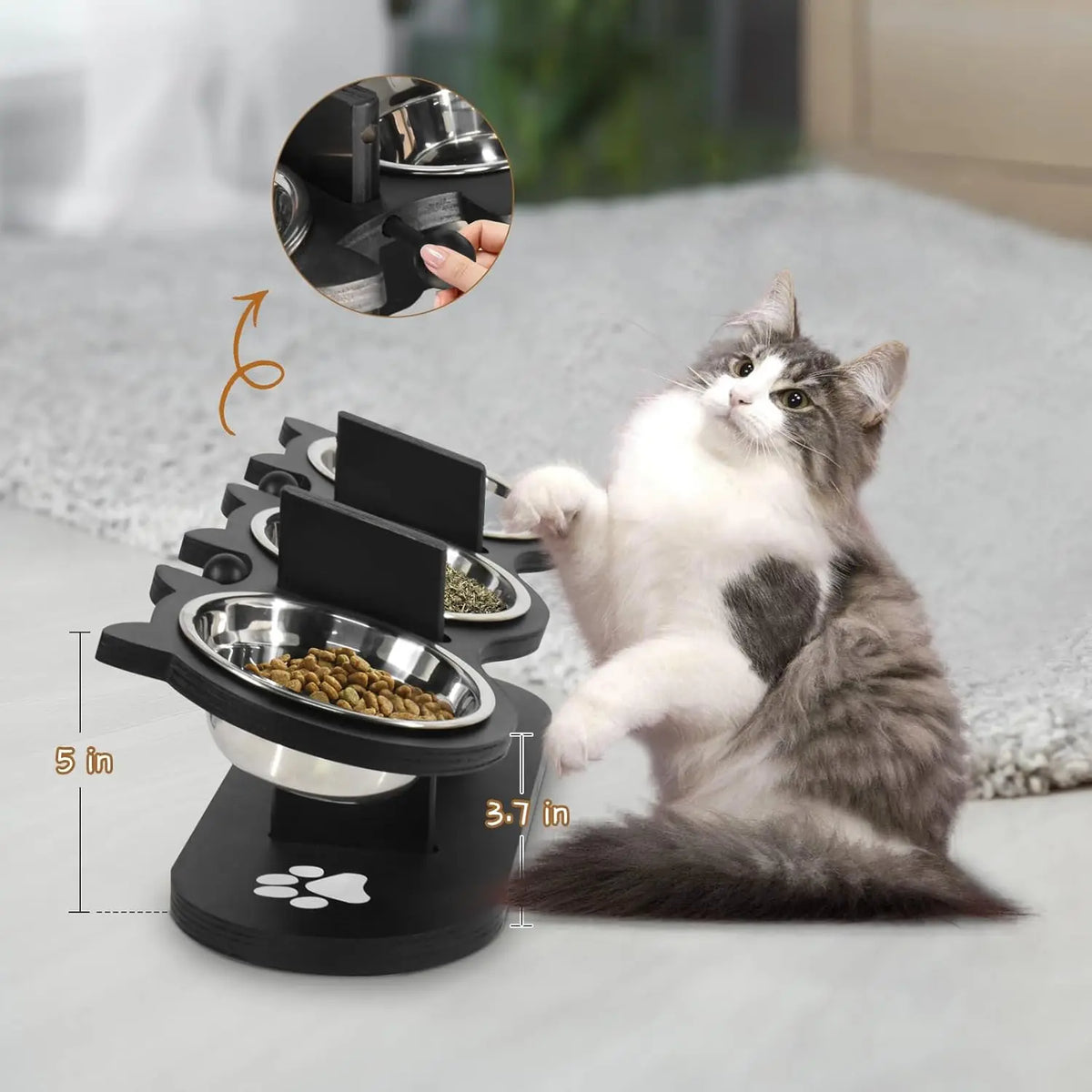 Cat standing next to a black elevated triple pet bowl stand with stainless steel bowls and dimension labels