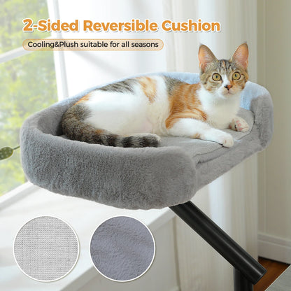 Cat resting on a 360 rotating desk bed with a reversible cooling and plush cushion