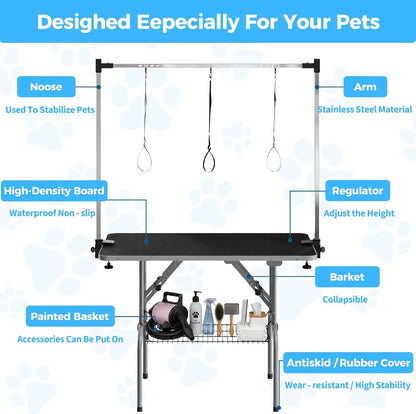 Garvee 42-Inch Foldable Dog Grooming Table – Adjustable Grooming Arm, Non-Slip Waterproof Surface & Storage Basket