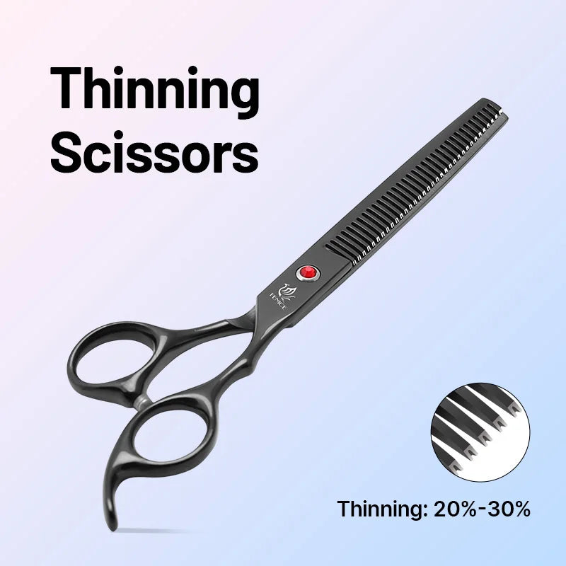 Black professional hair thinning scissors with red screw detail and 20 to 30 percent thinning capacity