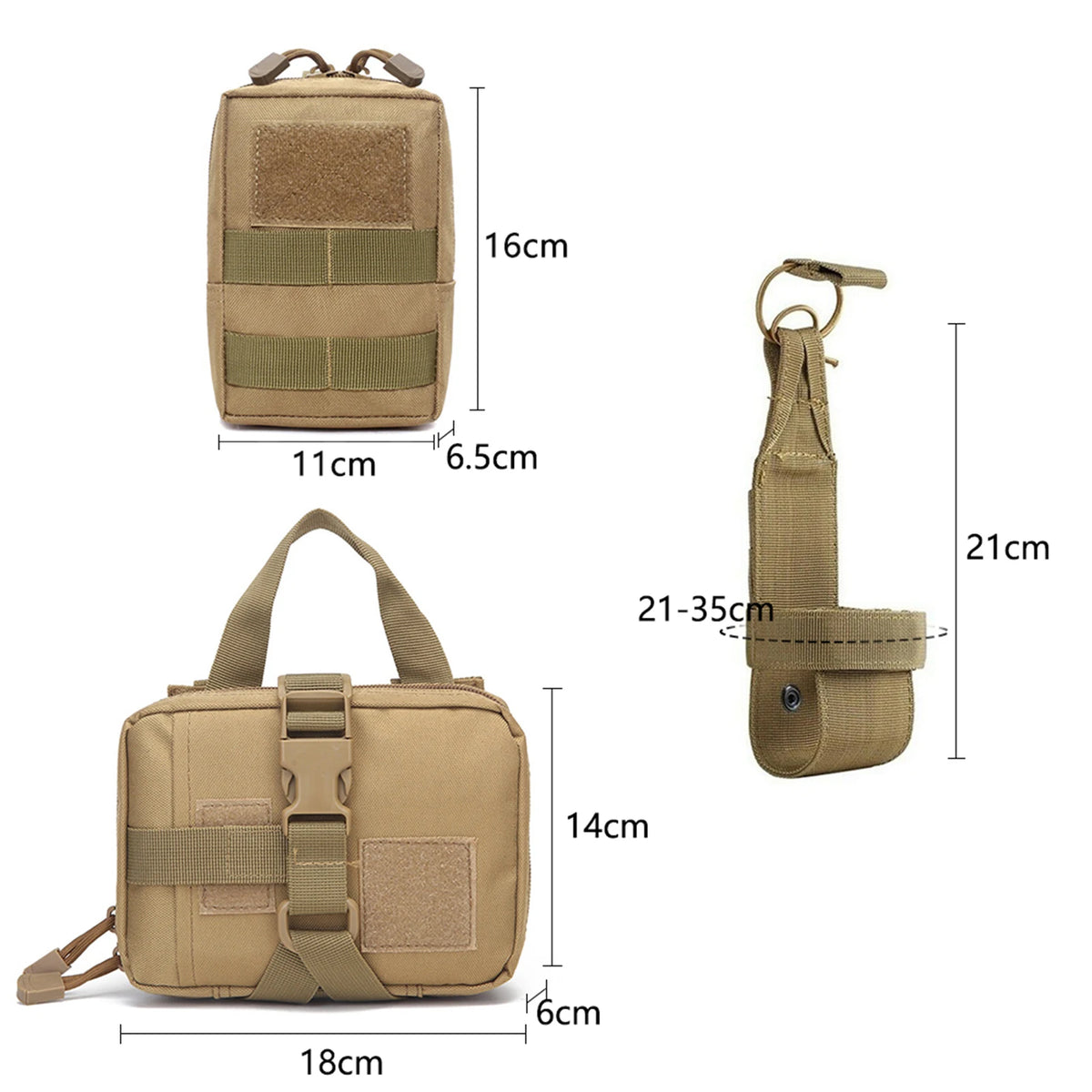 Tactical molle pouch set with dimensions labeled in centimeters