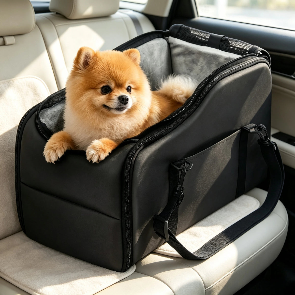 Pomeranian dog sitting in a black center console pet car seat and travel carrier with a plush liner