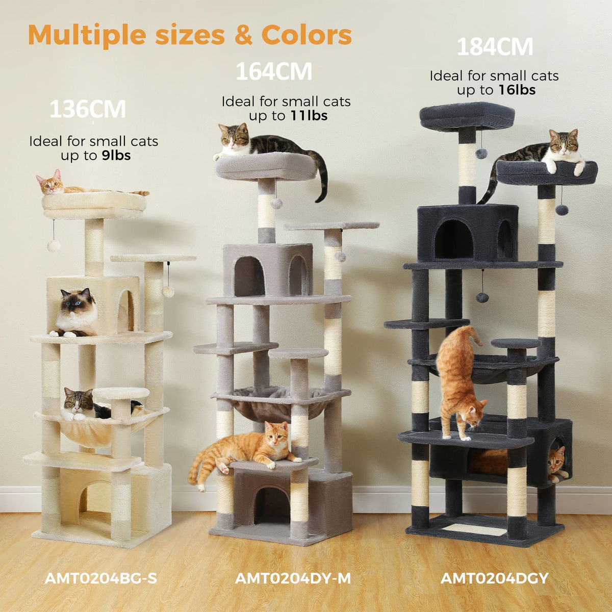 Three large multi-level cat trees in beige grey and dark grey with cats on perches condos and hammocks