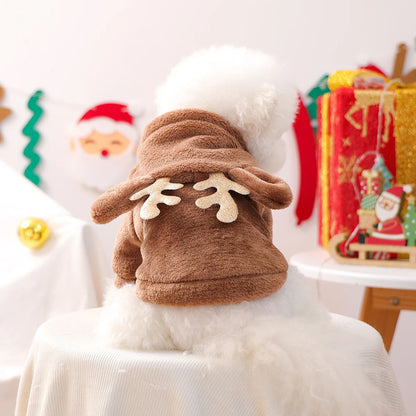 Cozy Reindeer Fleece Hoodie for Dogs & Cats – Warm Brown Christmas Pet Sweatshirt with Antlers