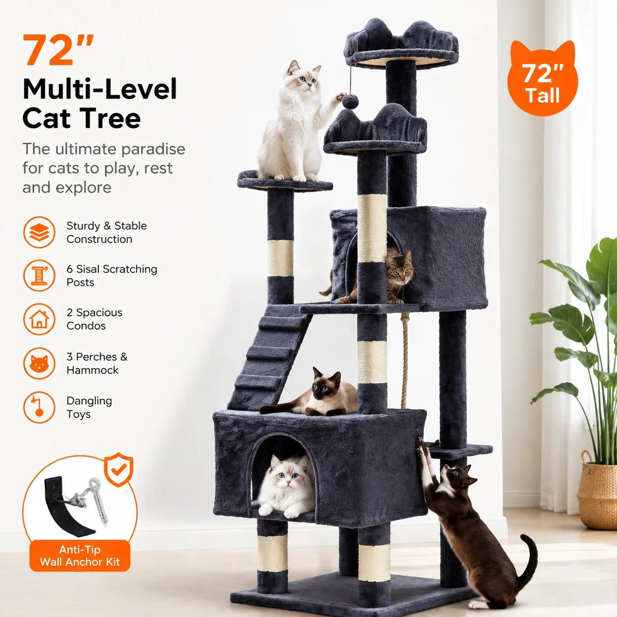 72-Inch Multi-Level Cat Tree with Condos, Perches, Hammock & Scratching Posts