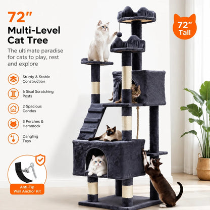 72-Inch Multi-Level Cat Tree with Condos, Perches, Hammock & Scratching Posts