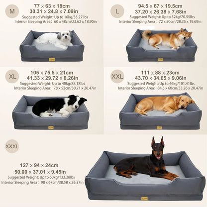 Size chart for Rectangular Bolster Dog Sofa Bed showing dimensions and weight limits for sizes M to XXXL