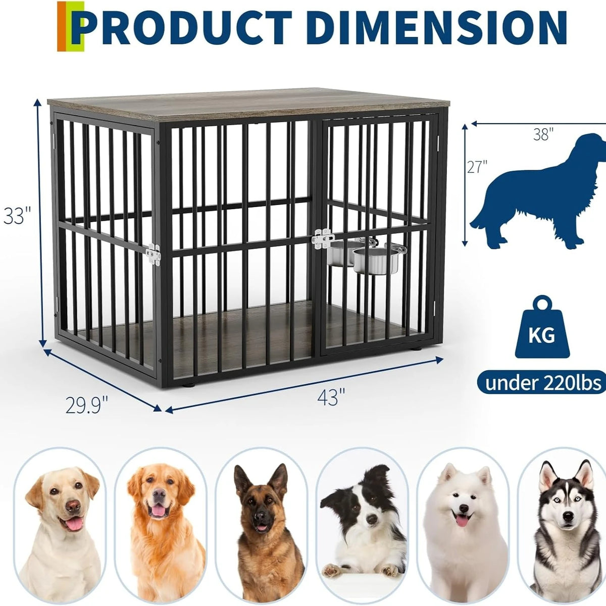 43-Inch Wooden Dog Crate Furniture with Double Doors, Removable Tray & Divider for Medium to Large Dogs