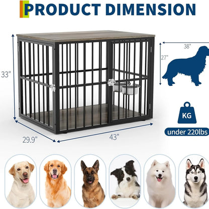 43-Inch Wooden Dog Crate Furniture with Double Doors, Removable Tray & Divider for Medium to Large Dogs