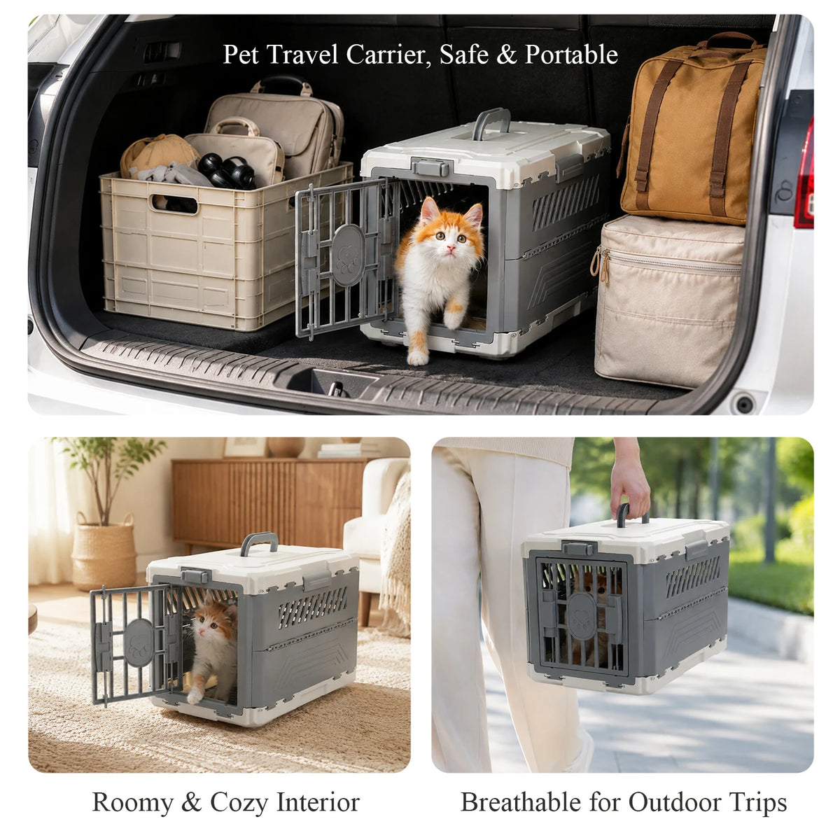 Foldable pet travel carrier with secure lock door and anti-slip mat shown in car, at home, and being carried