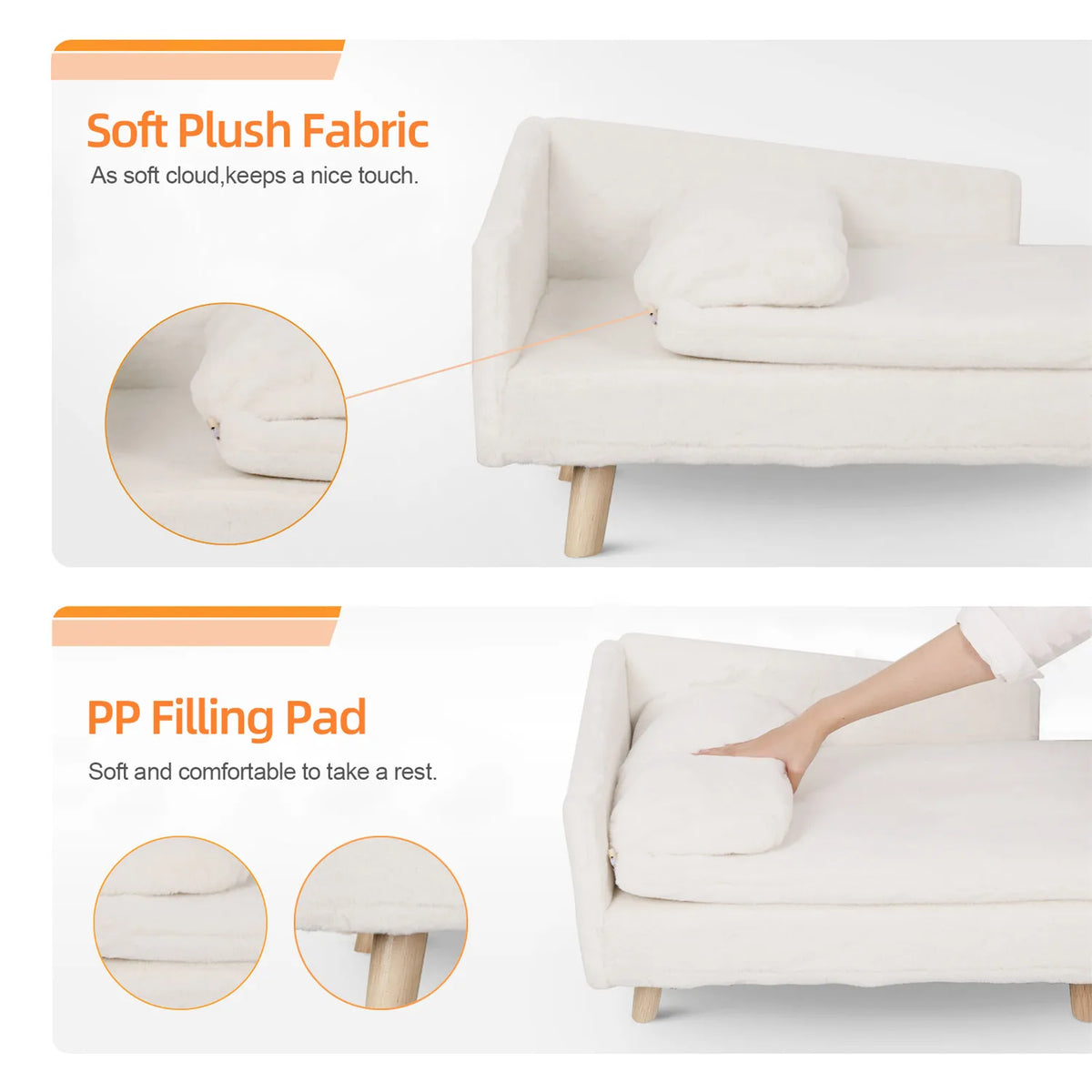 White pet sofa with plush fabric and PP filling pad with close up views of texture and wooden legs