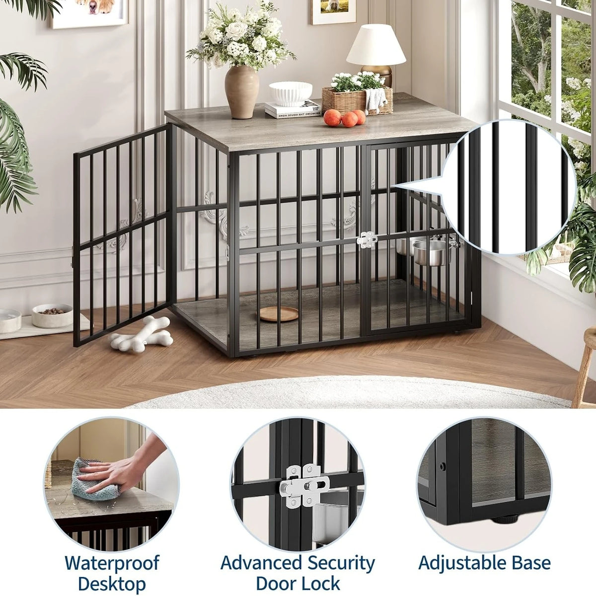 43-Inch Wooden Dog Crate Furniture with Double Doors, Removable Tray & Divider for Medium to Large Dogs