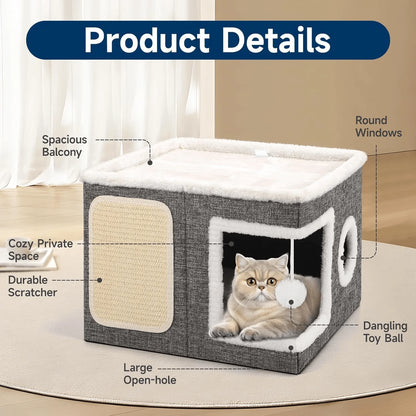 Cozy Foldable Indoor Cat House with Soft Reversible Cushion, Hanging Play Balls & Peekaboo Windows – Supports Up to 30 lbs