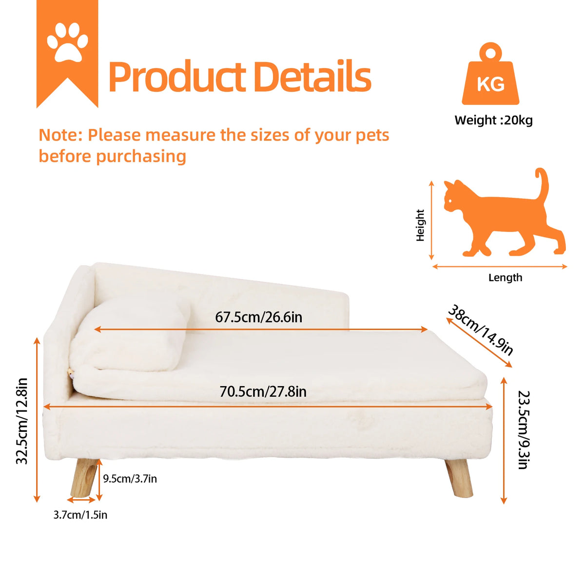 Diagram showing dimensions of a white pet sofa with a 20kg weight capacity
