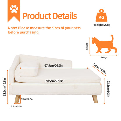 Diagram showing dimensions of a white pet sofa with a 20kg weight capacity