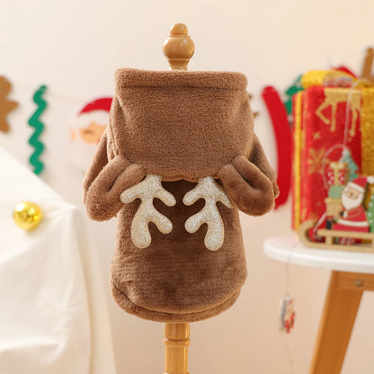 Cozy Reindeer Fleece Hoodie for Dogs & Cats – Warm Brown Christmas Pet Sweatshirt with Antlers