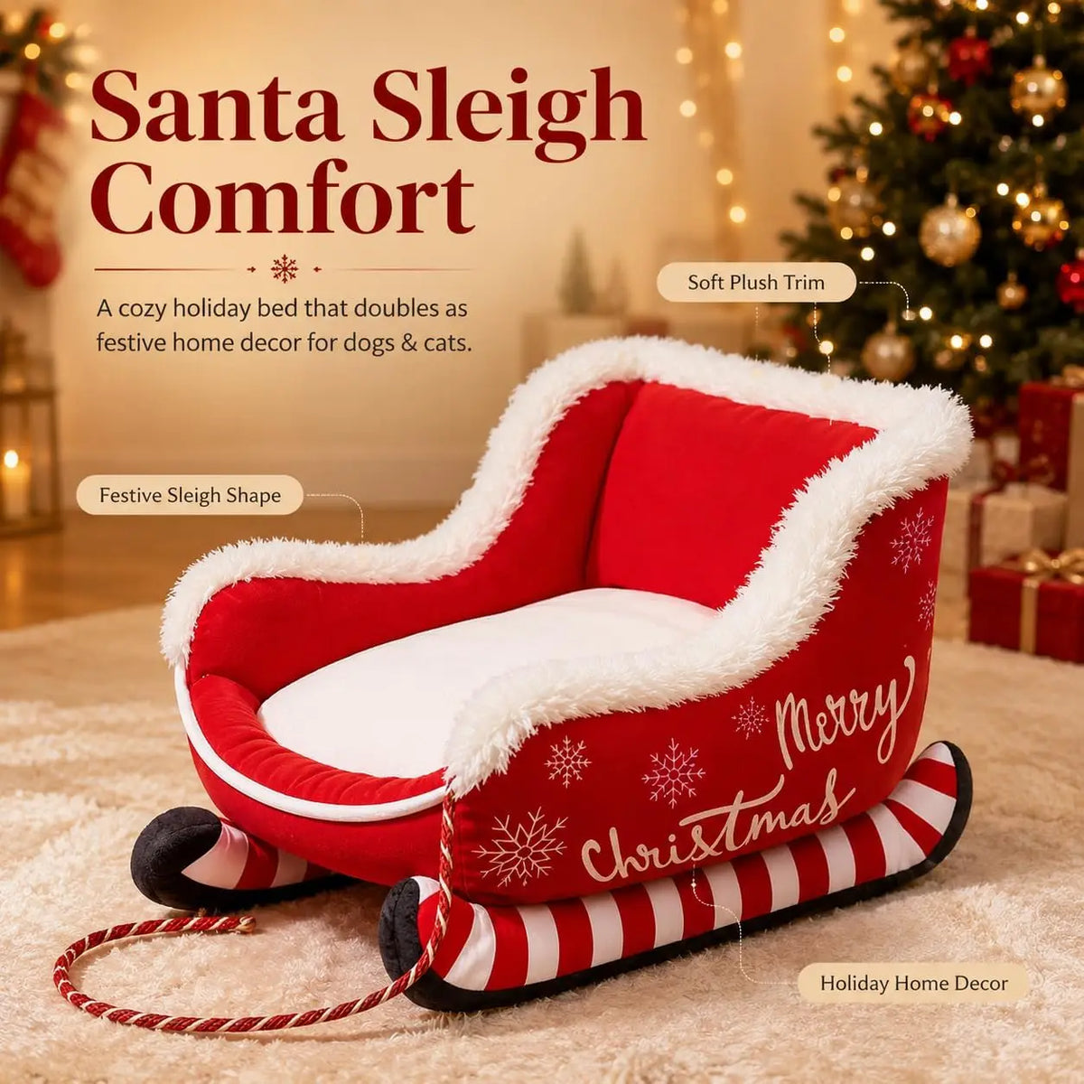 Christmas Santa Sleigh Dog Bed – Large Plush Pet Sofa with Raised Sides & Washable Design