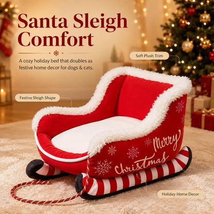 Christmas Santa Sleigh Dog Bed – Large Plush Pet Sofa with Raised Sides & Washable Design