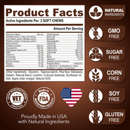 Product facts label listing active ingredients and dietary certifications for soft chews