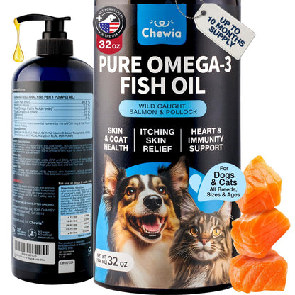 Chewia Pure Omega-3 Fish Oil bottle for dogs and cats with salmon pieces
