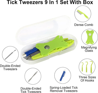 Tick Removal Tool 8 In 1 With Storage Box, Tick Tweezers, Flea Comb, Magnifying Glass, Dog Tick Remover Tool, Tick Removal Kit Tick Removal Tool For Dogs Cats, Pet Tick Comb