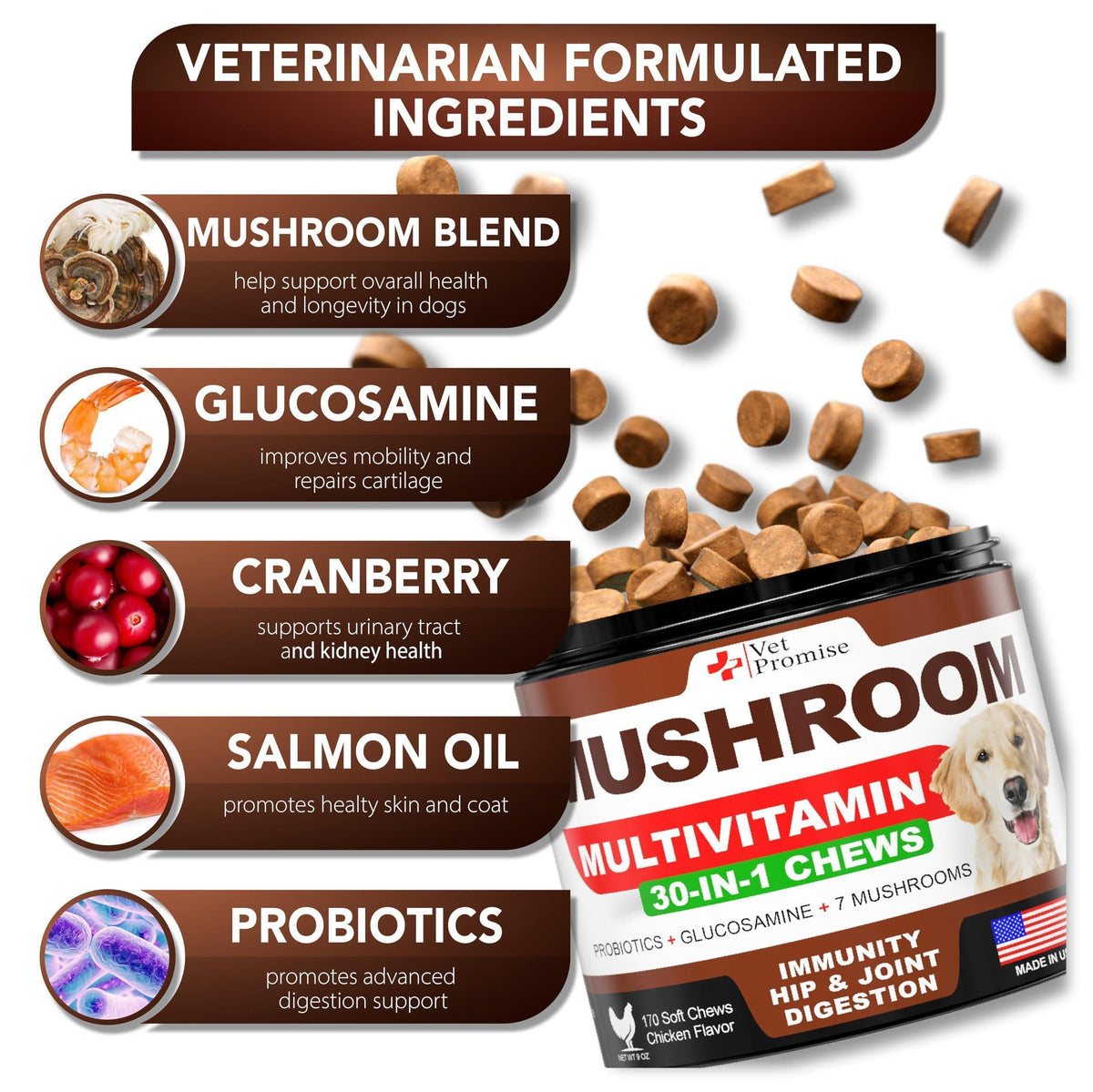 Vet Promise mushroom multivitamin chews showing ingredients like mushroom blend glucosamine cranberry salmon oil