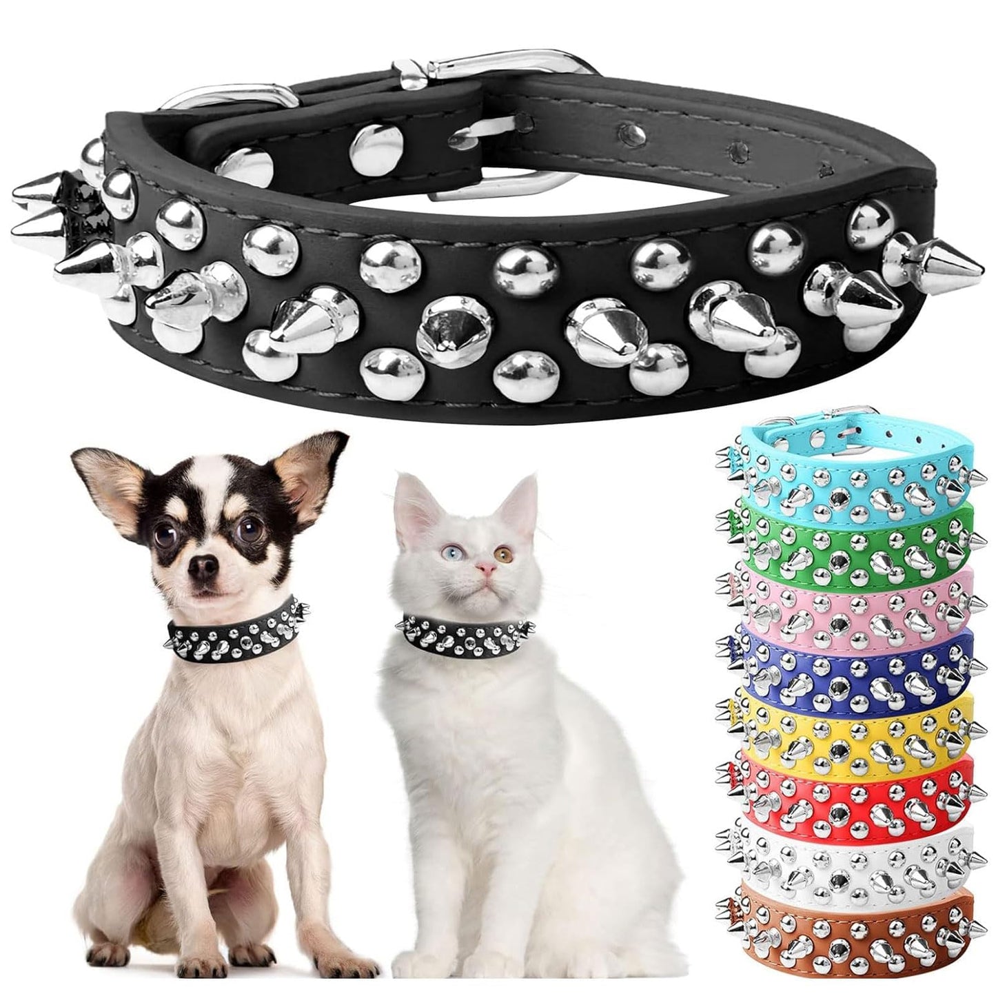 Small Spiked Black Dog, Cat Collar For Small Medium Dogs Boy Male - Adjustable Studded Puppy Collars - Soft Padded Punk Leather Dog Collar For Chihuahua French Bulldog Pug