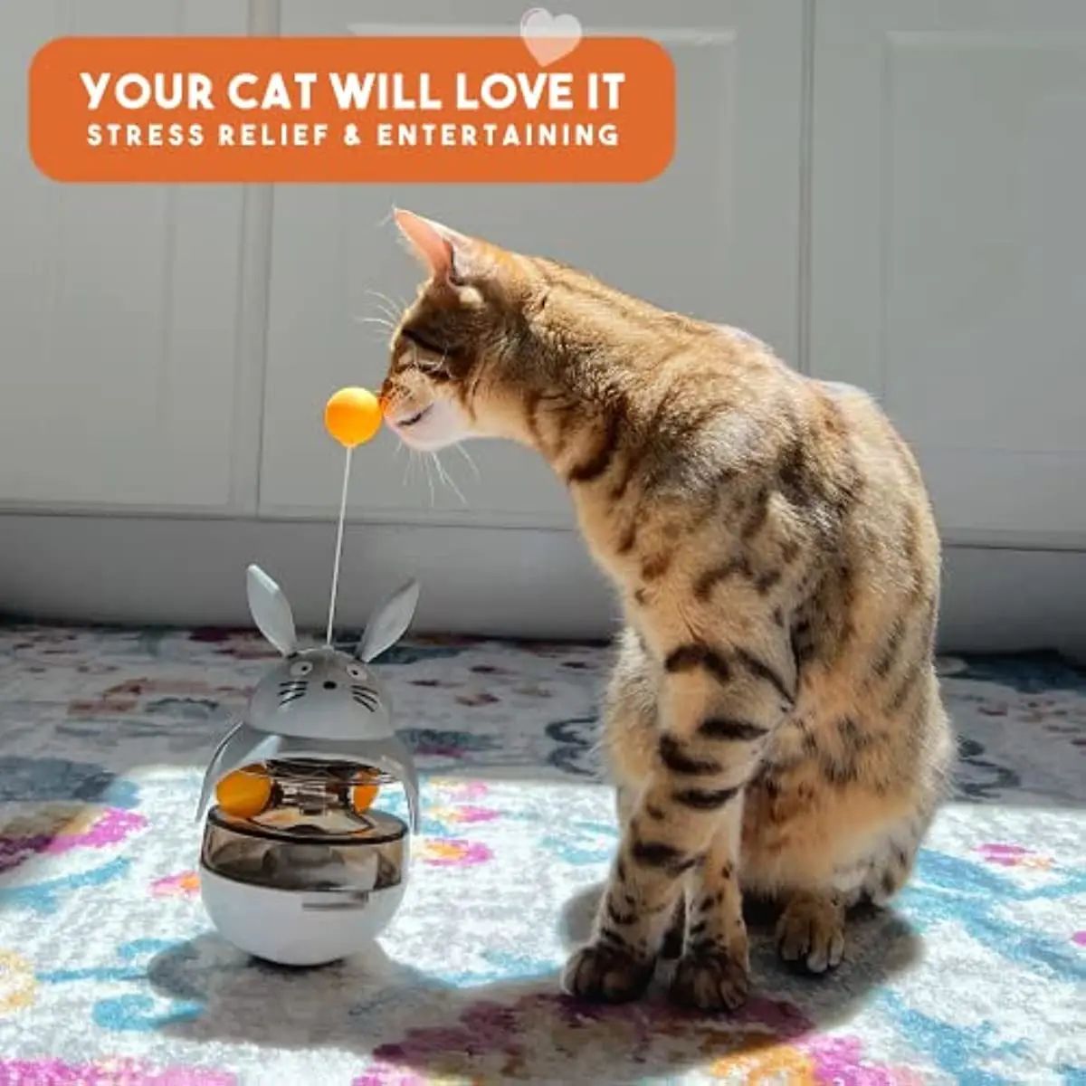 Interactive Cat Feeder Toy, Treat Dispenser Exercise Toys, Feeding Food Toy Dispenser Cat Indoors- Sounding Bell Cat Tower