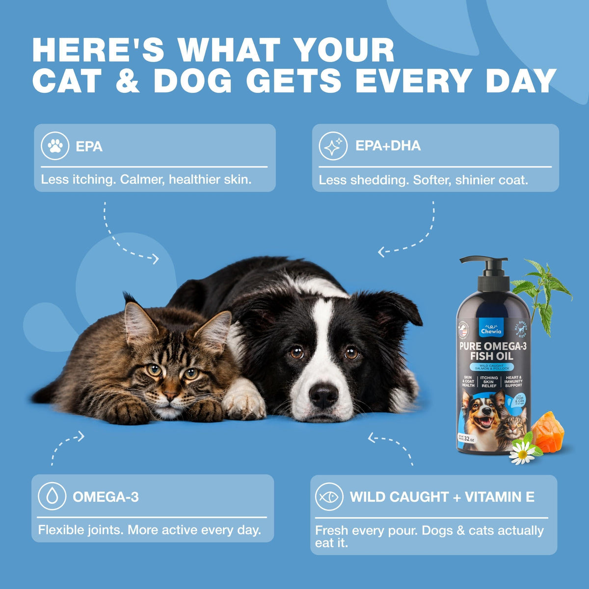 Infographic showing benefits of Chewia Pure Omega-3 Fish Oil for cats and dogs including skin coat and joint health