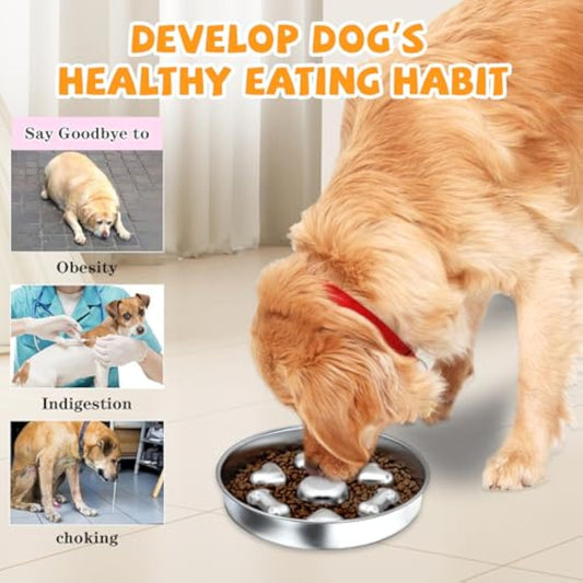 Slow Feeder Dog Bowl,  Non-Slip Metal Bowl With Heart And Bones Design