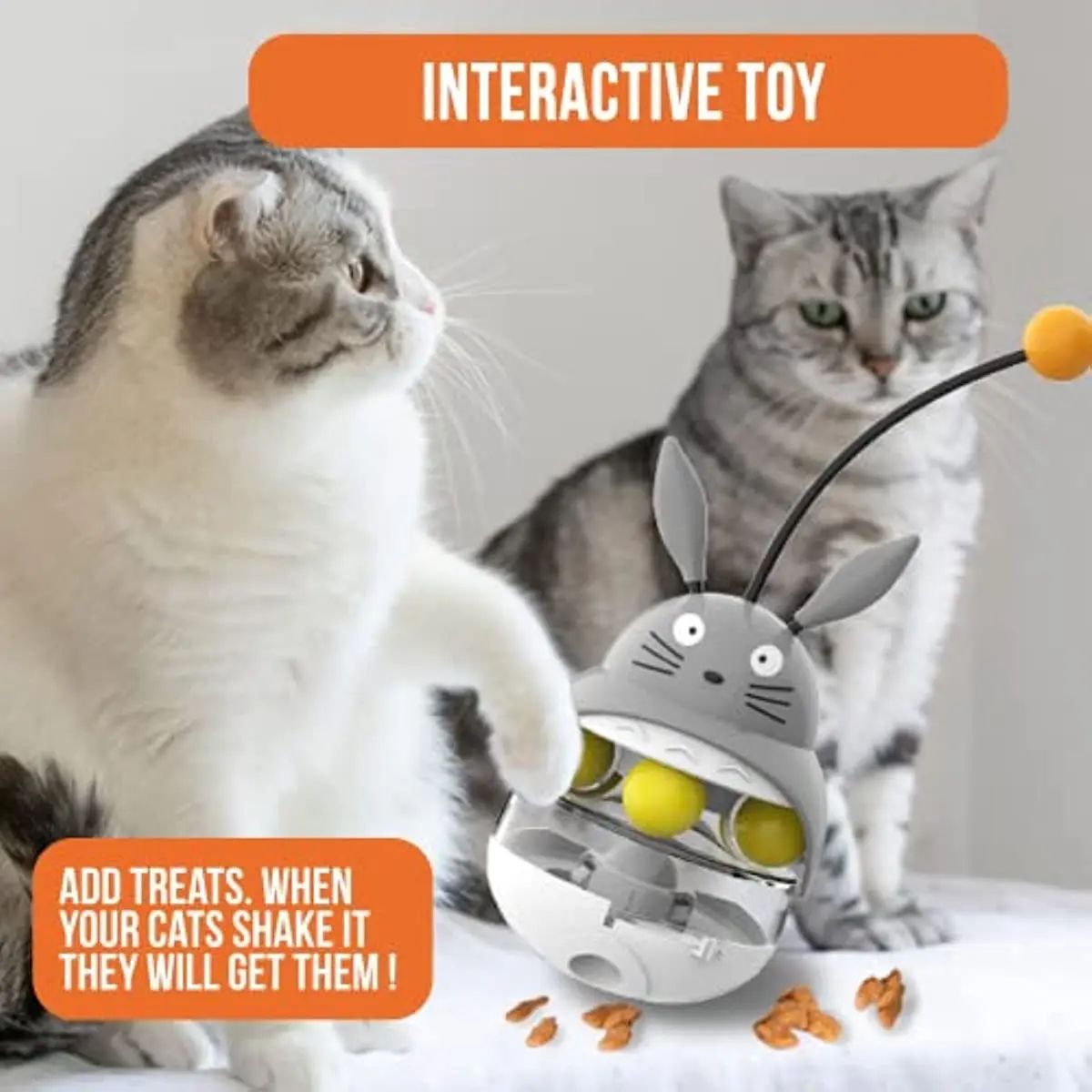 Interactive Cat Feeder Toy, Treat Dispenser Exercise Toys, Feeding Food Toy Dispenser Cat Indoors- Sounding Bell Cat Tower