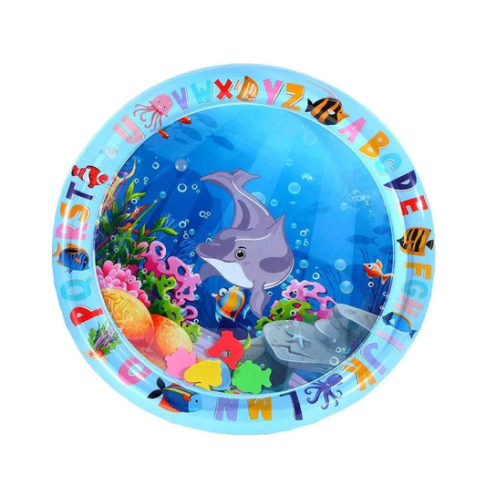 Round inflatable water play mat with alphabet border and dolphin graphic